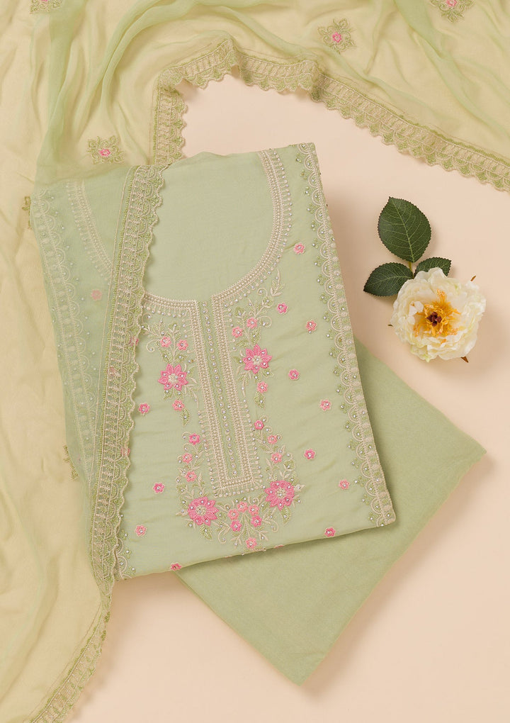 Pista Green Zariwork Georgette Unstitched Salwar Suit-Koskii