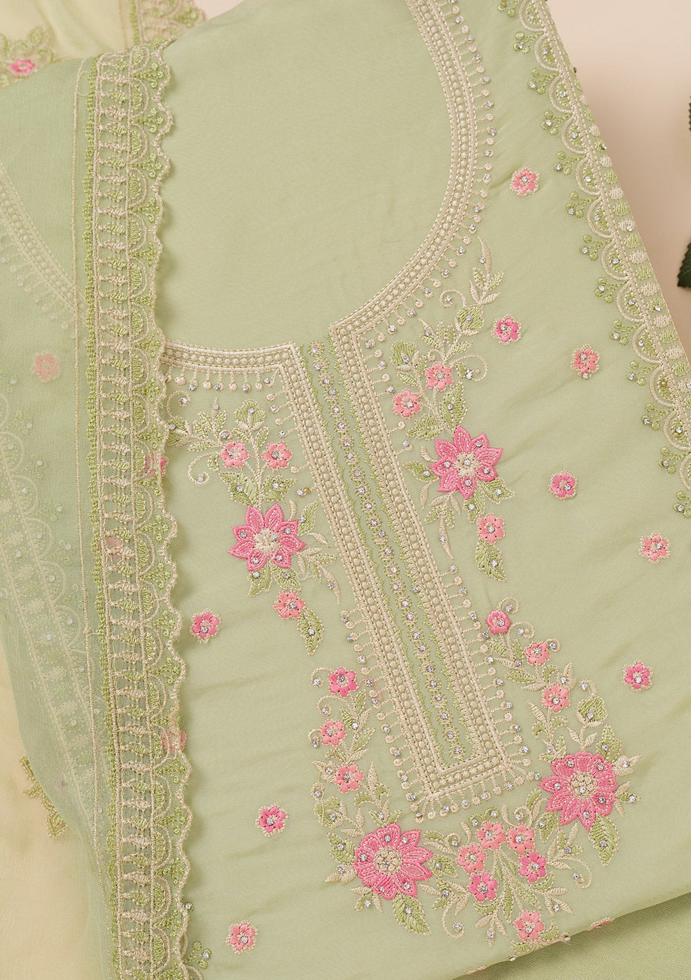 Pista Green Zariwork Georgette Unstitched Salwar Suit-Koskii