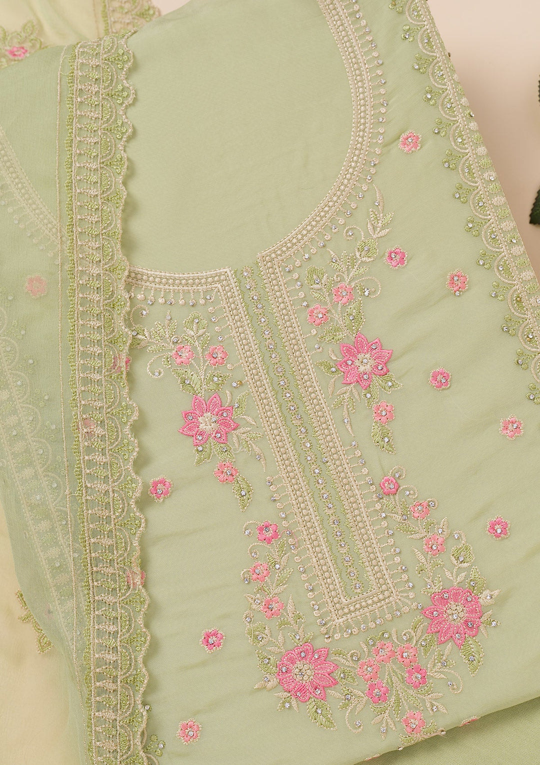 Pista Green Zariwork Georgette Unstitched Salwar Suit-Koskii