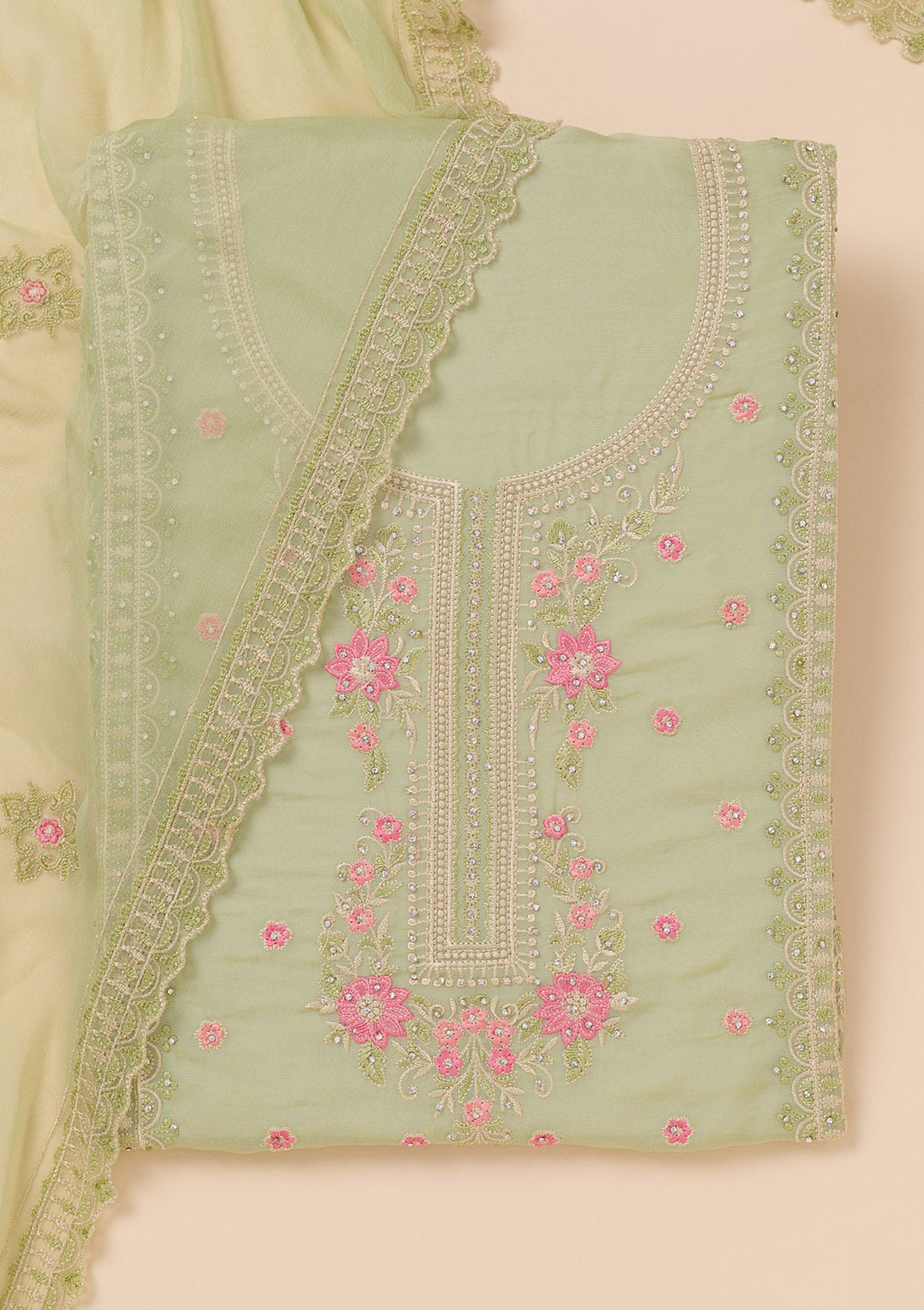 Pista Green Zariwork Georgette Unstitched Salwar Suit-Koskii