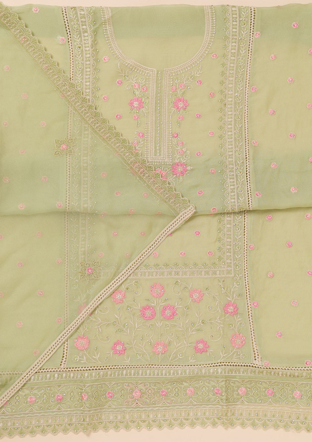 Pista Green Zariwork Georgette Unstitched Salwar Suit-Koskii