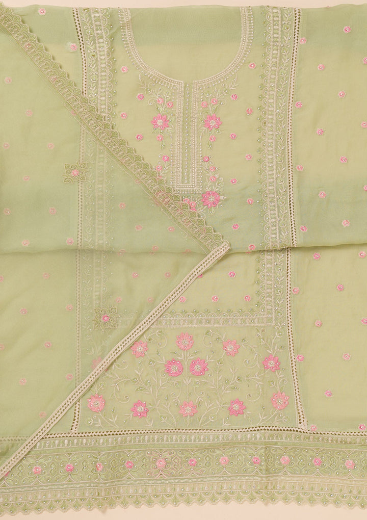 Pista Green Zariwork Georgette Unstitched Salwar Suit-Koskii