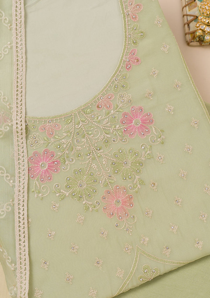 Pista Green Zariwork Georgette Unstitched Salwar Suit-Koskii