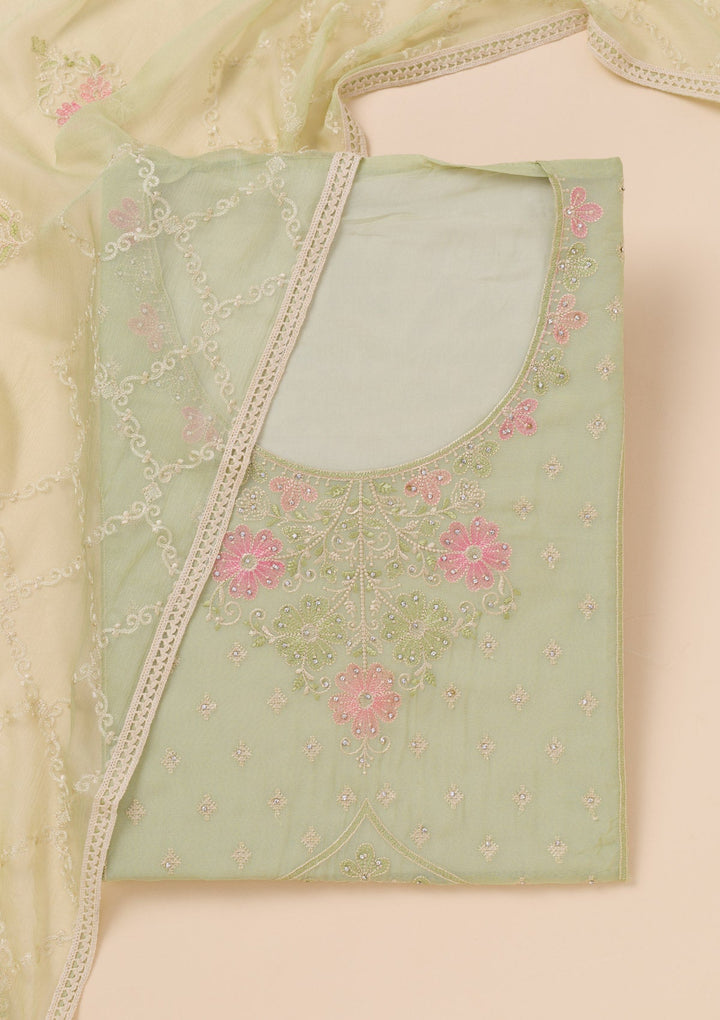 Pista Green Zariwork Georgette Unstitched Salwar Suit-Koskii