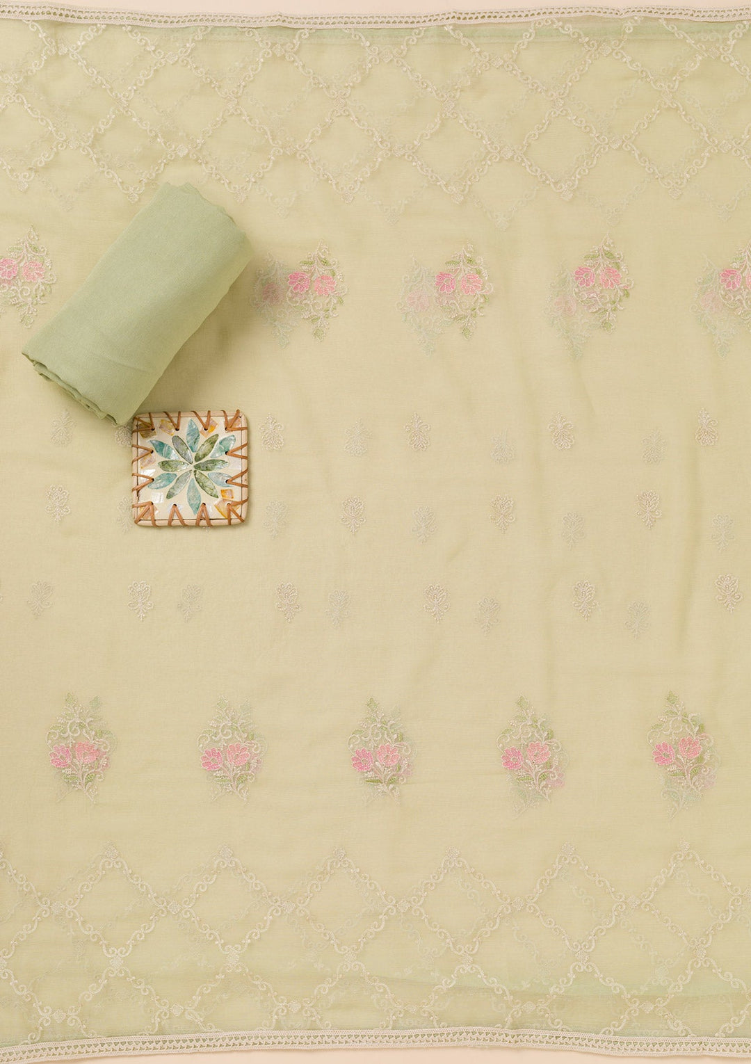 Pista Green Zariwork Georgette Unstitched Salwar Suit-Koskii