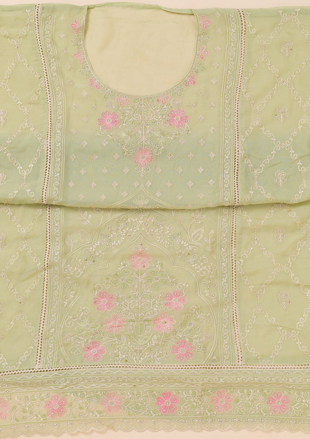 Pista Green Zariwork Georgette Unstitched Salwar Suit-Koskii