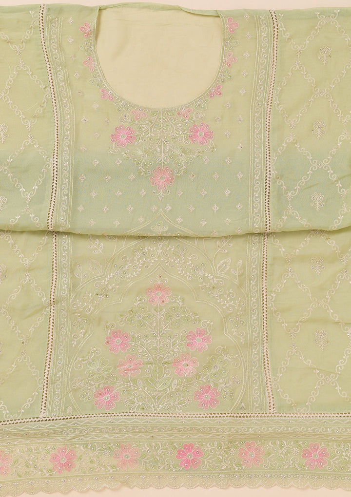 Pista Green Zariwork Georgette Unstitched Salwar Suit-Koskii