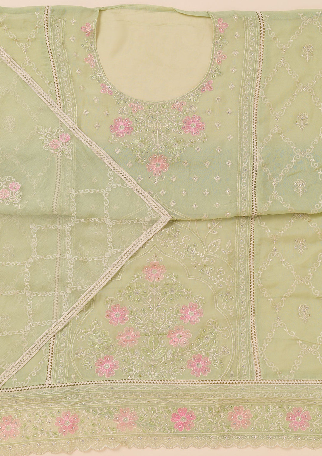 Pista Green Zariwork Georgette Unstitched Salwar Suit-Koskii