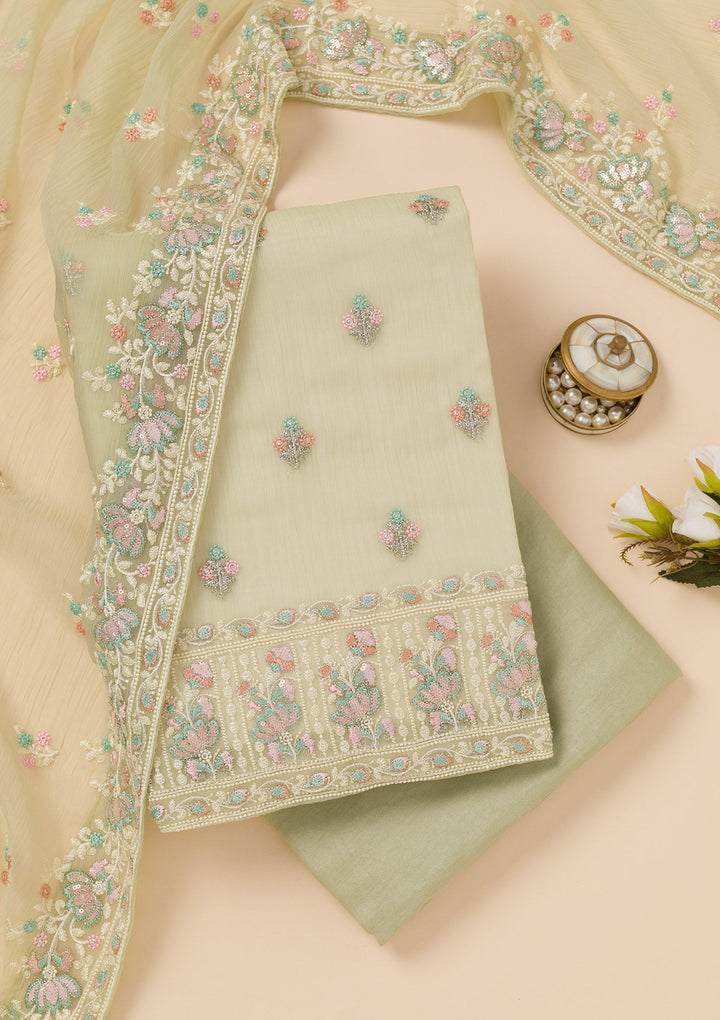 Pista Green Zariwork Organza Unstitched Salwar Suit-Koskii