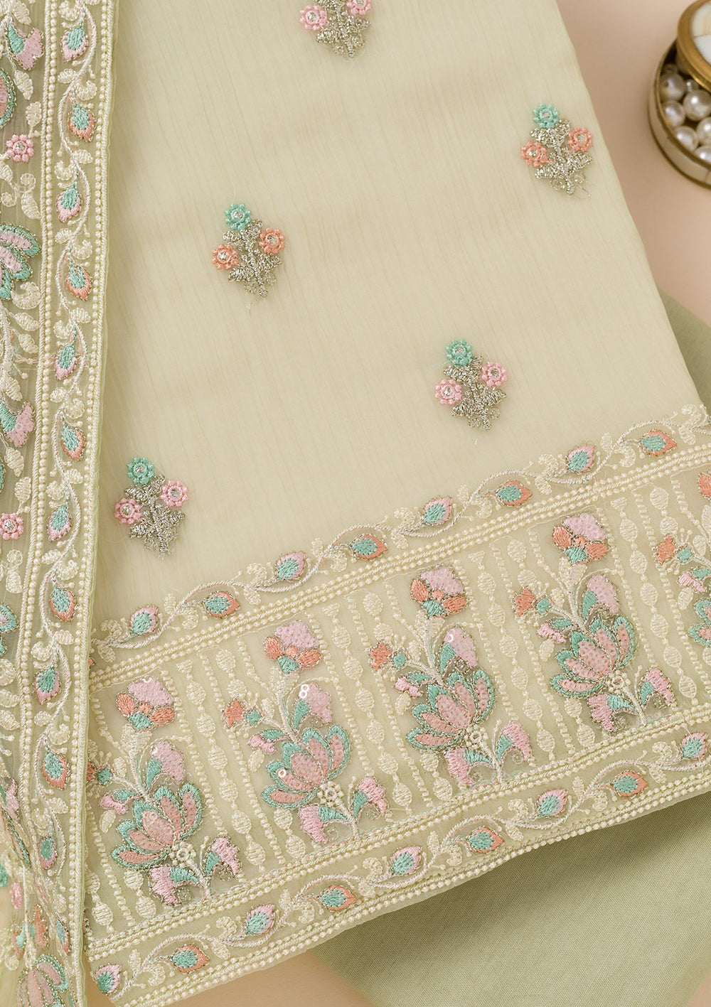 Pista Green Zariwork Organza Unstitched Salwar Suit-Koskii