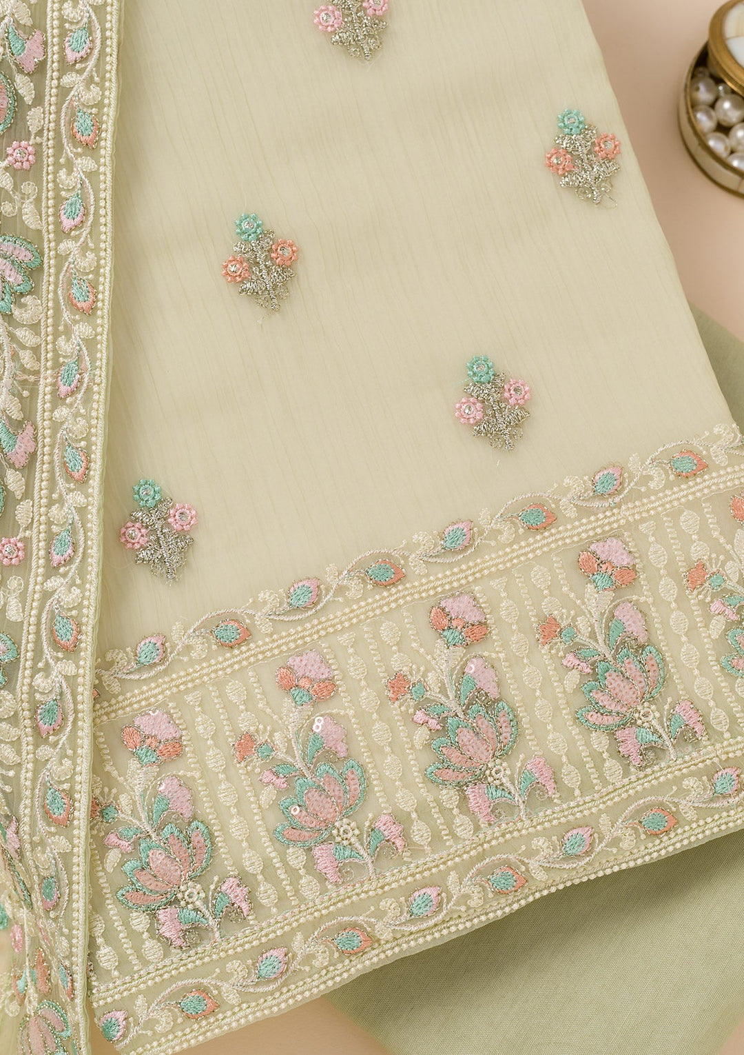 Pista Green Zariwork Organza Unstitched Salwar Suit-Koskii