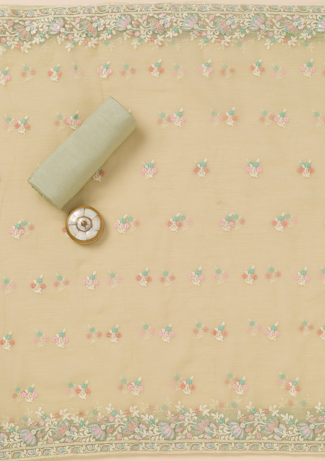 Pista Green Zariwork Organza Unstitched Salwar Suit-Koskii