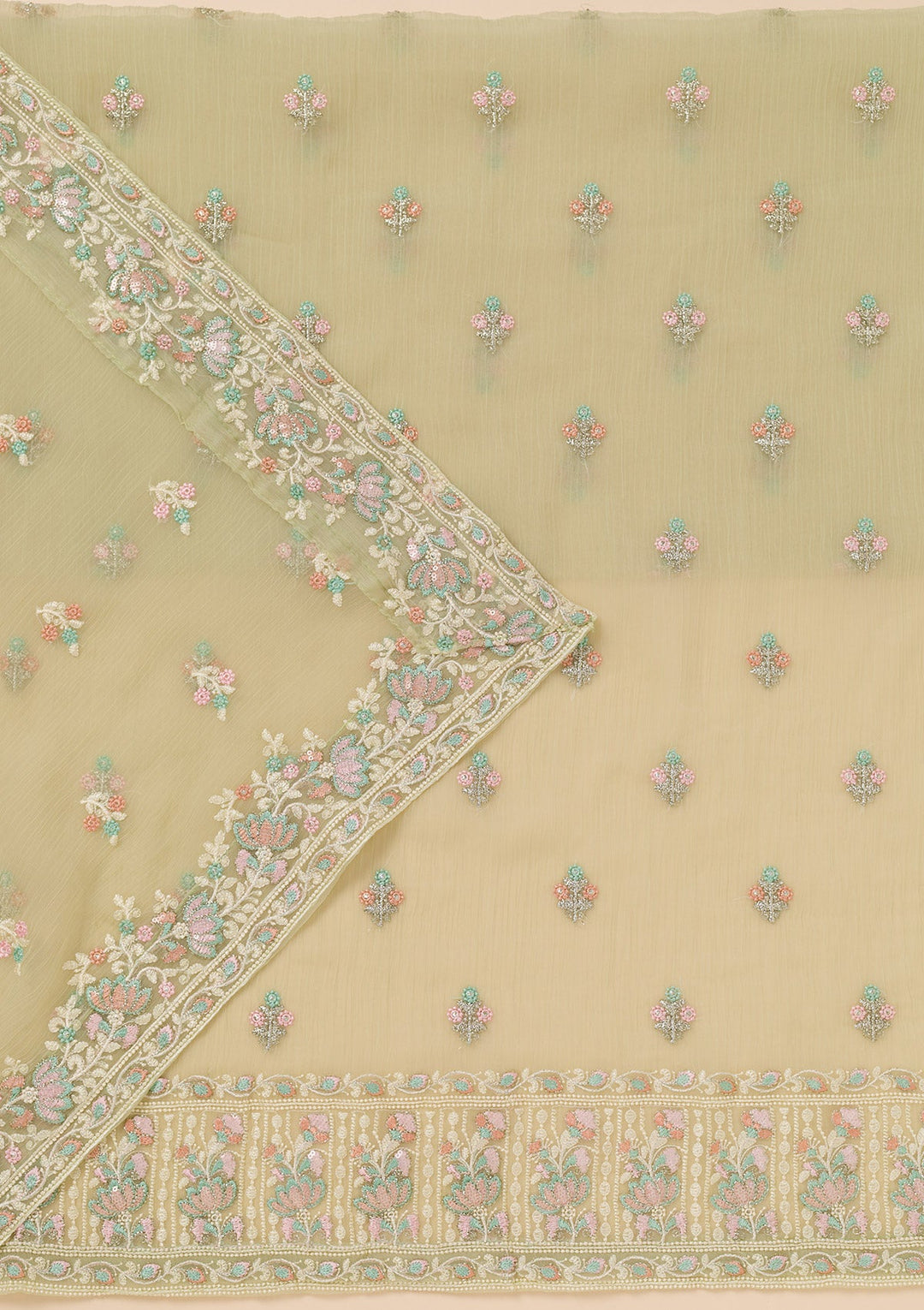 Pista Green Zariwork Organza Unstitched Salwar Suit-Koskii