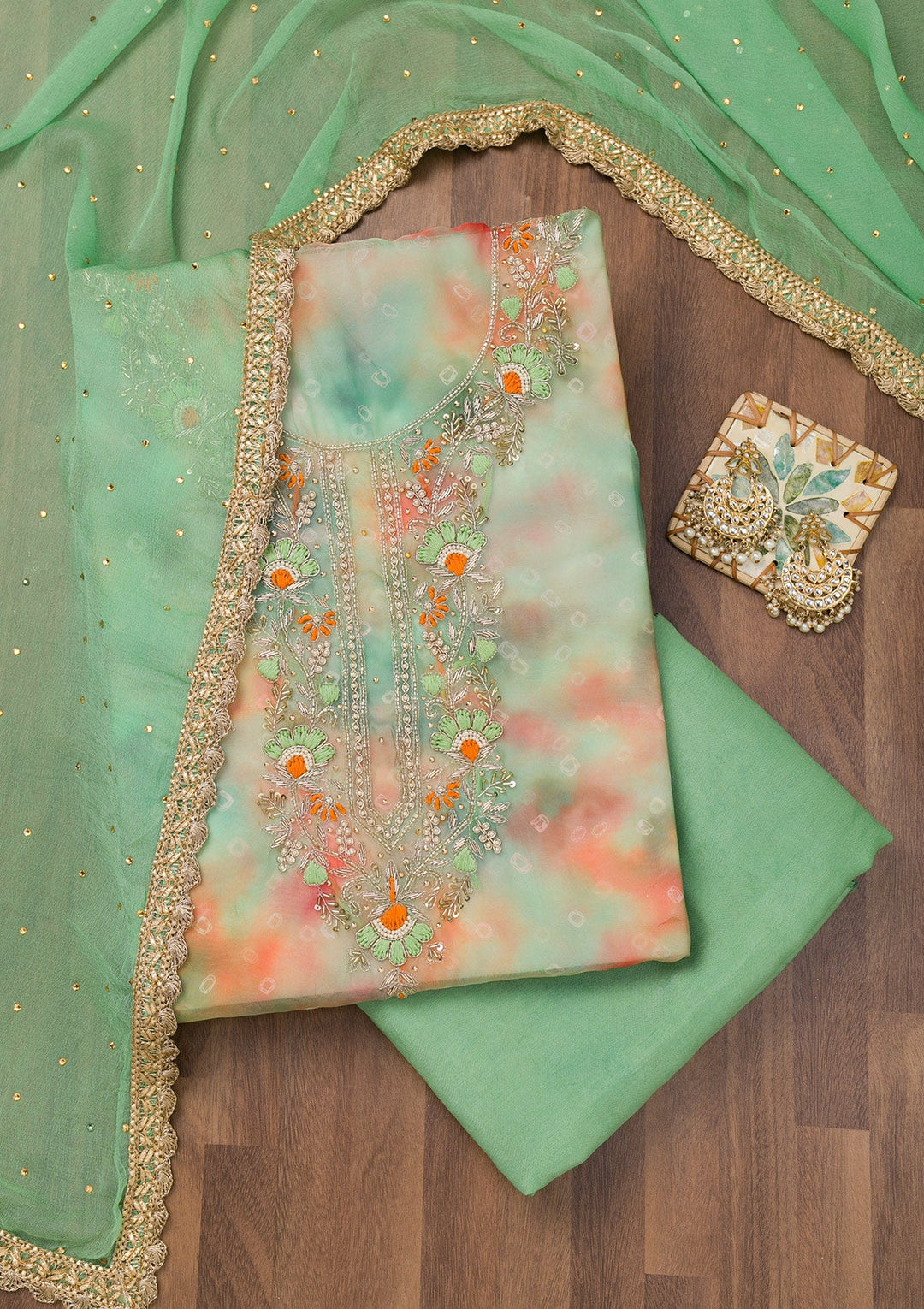 Pista Green Zariwork Organza Unstitched Salwar Suit-Koskii