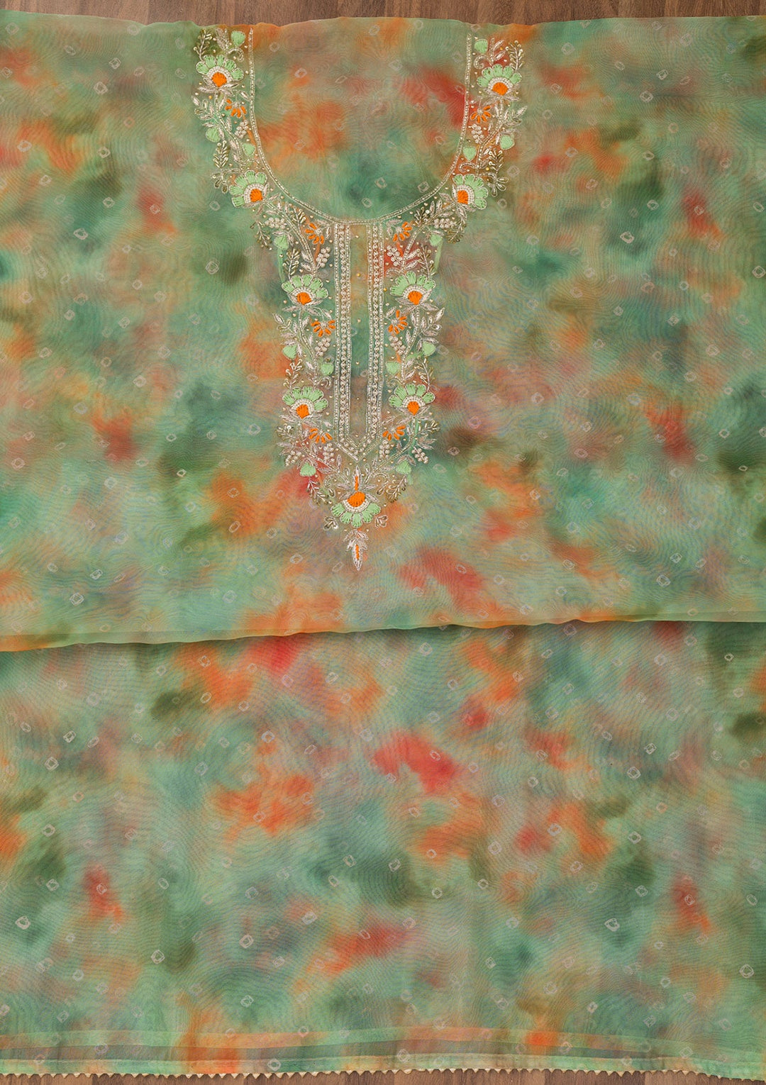 Pista Green Zariwork Organza Unstitched Salwar Suit-Koskii