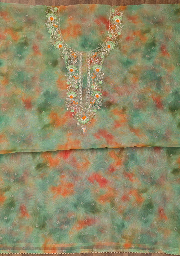 Pista Green Zariwork Organza Unstitched Salwar Suit-Koskii