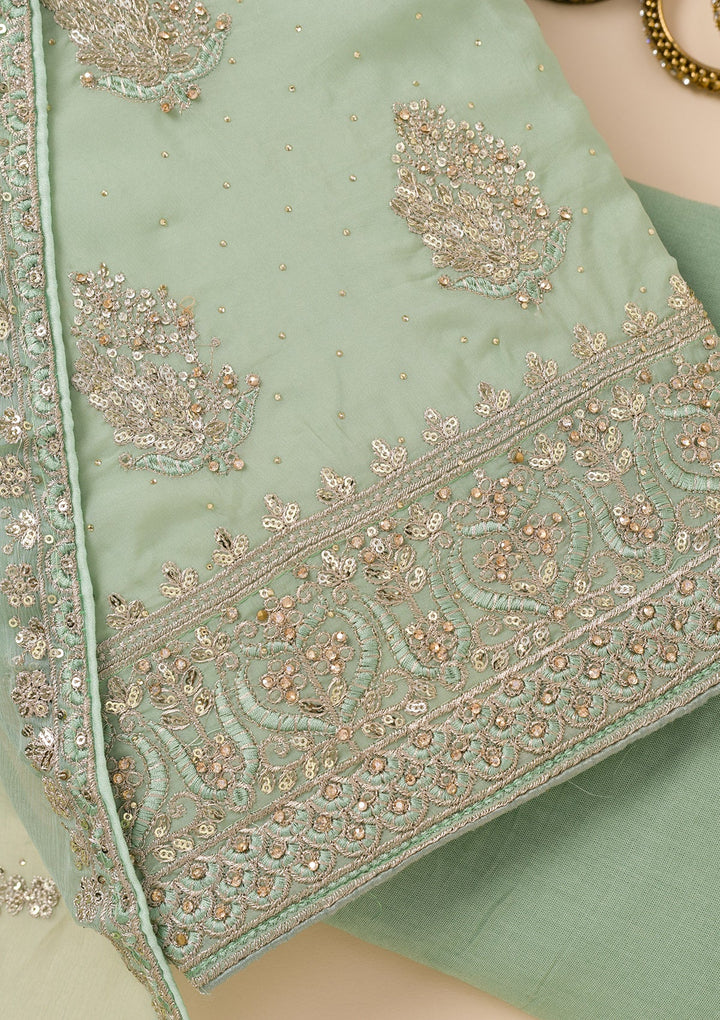 Pista Green Zariwork Semi Crepe Unstitched Salwar Suit-Koskii