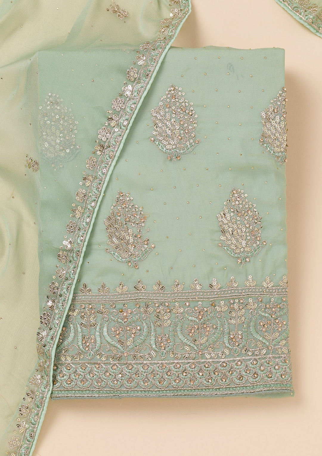Pista Green Zariwork Semi Crepe Unstitched Salwar Suit-Koskii