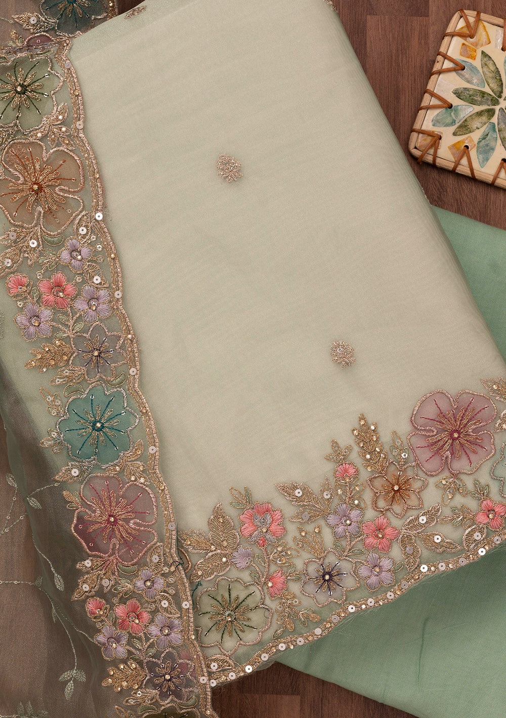 Pista Green Zariwork Semi Crepe Unstitched Salwar Suit-Koskii