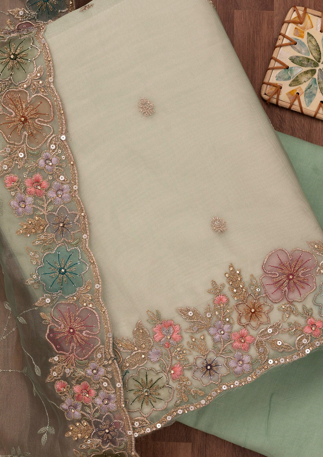 Pista Green Zariwork Semi Crepe Unstitched Salwar Suit-Koskii