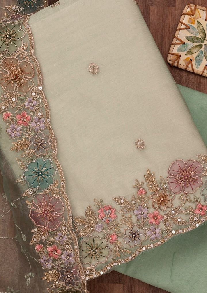 Pista Green Zariwork Semi Crepe Unstitched Salwar Suit-Koskii