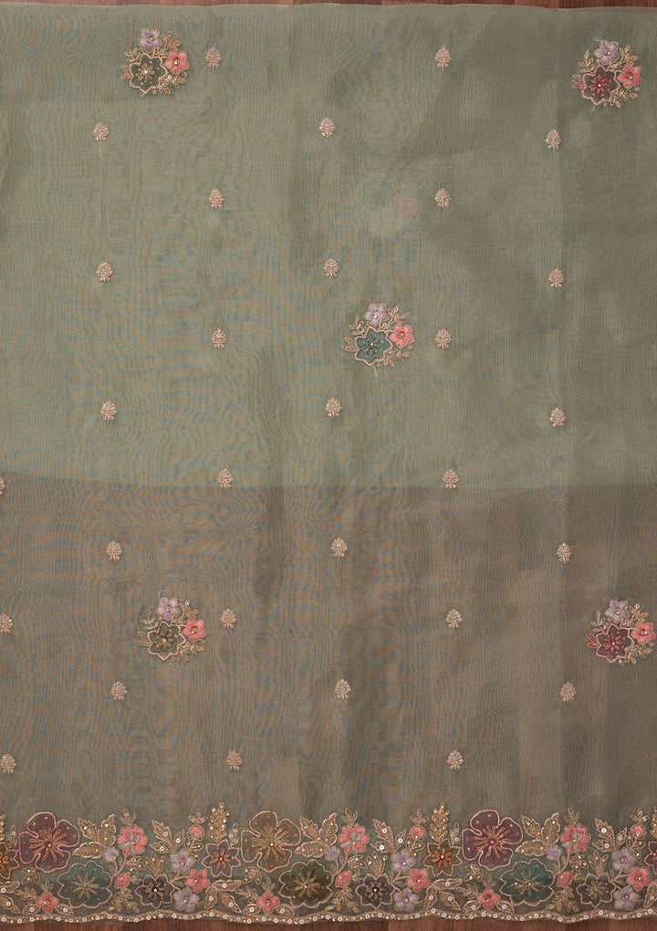 Pista Green Zariwork Semi Crepe Unstitched Salwar Suit-Koskii