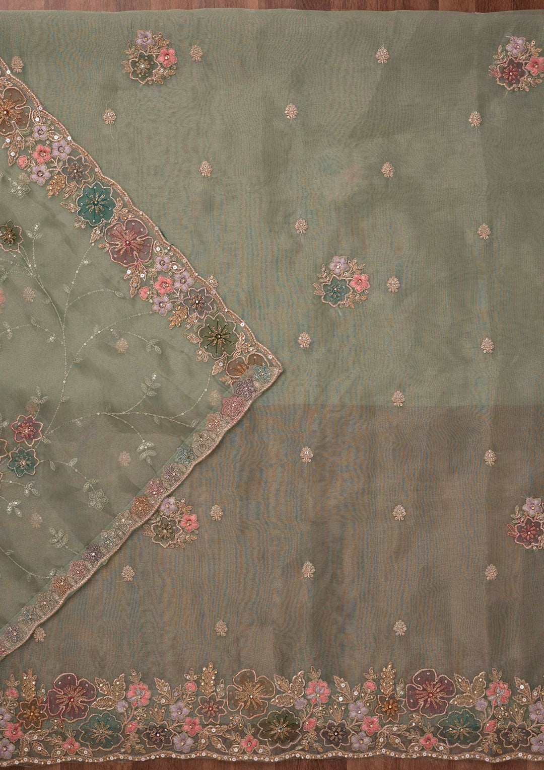 Pista Green Zariwork Semi Crepe Unstitched Salwar Suit-Koskii