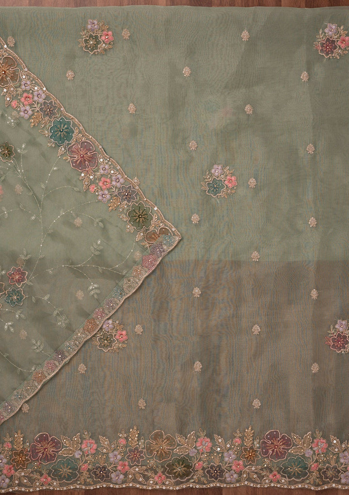 Pista Green Zariwork Semi Crepe Unstitched Salwar Suit-Koskii