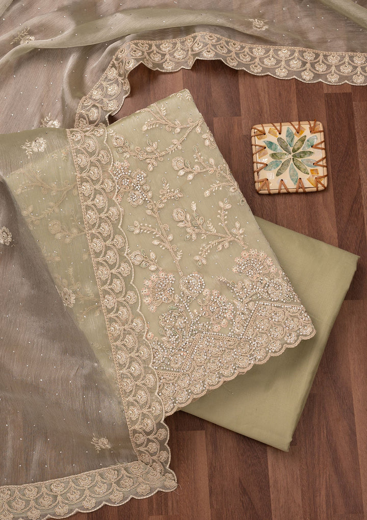 Pista Green Zariwork Semi Crepe Unstitched Salwar Suit-Koskii