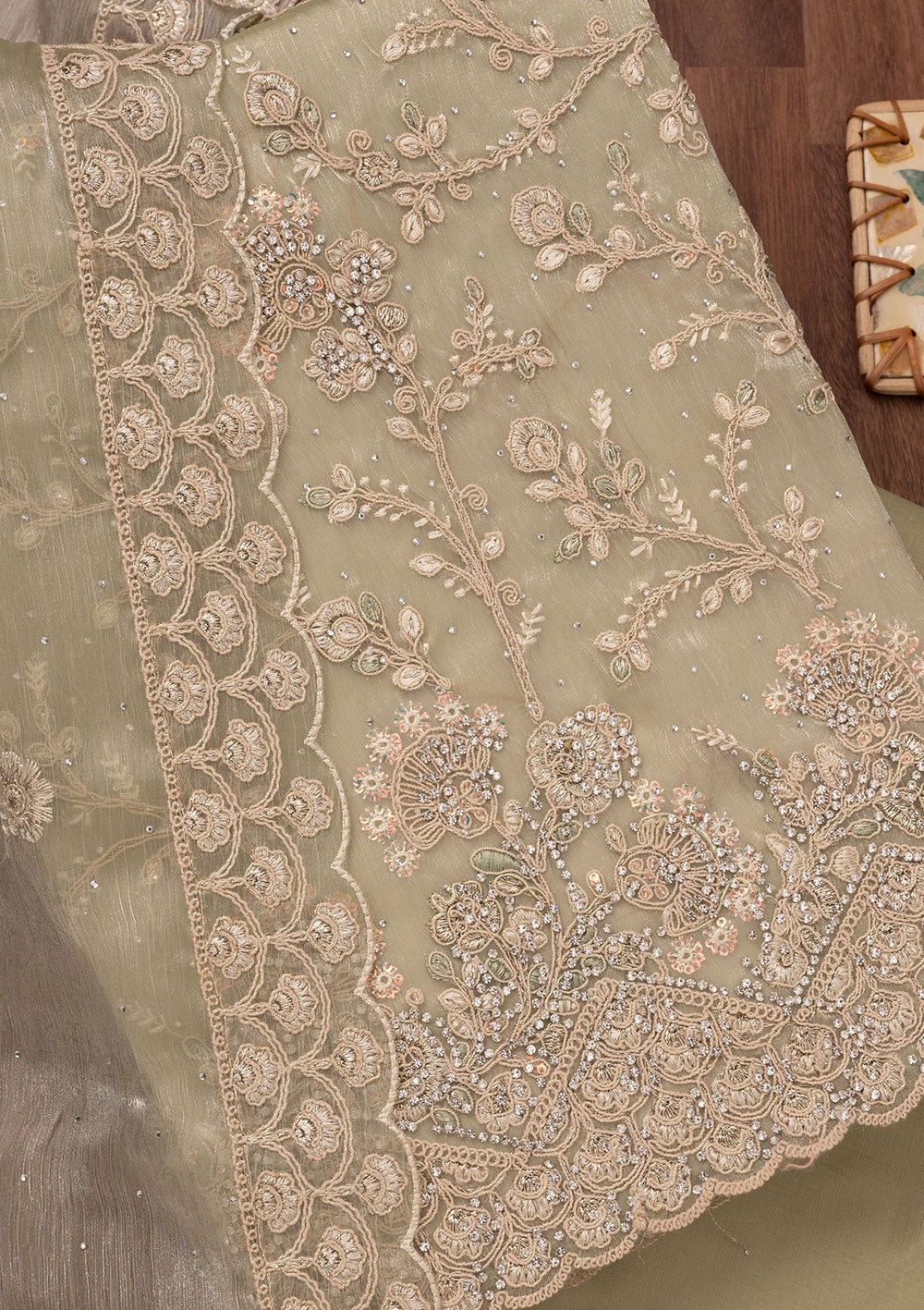 Pista Green Zariwork Semi Crepe Unstitched Salwar Suit-Koskii