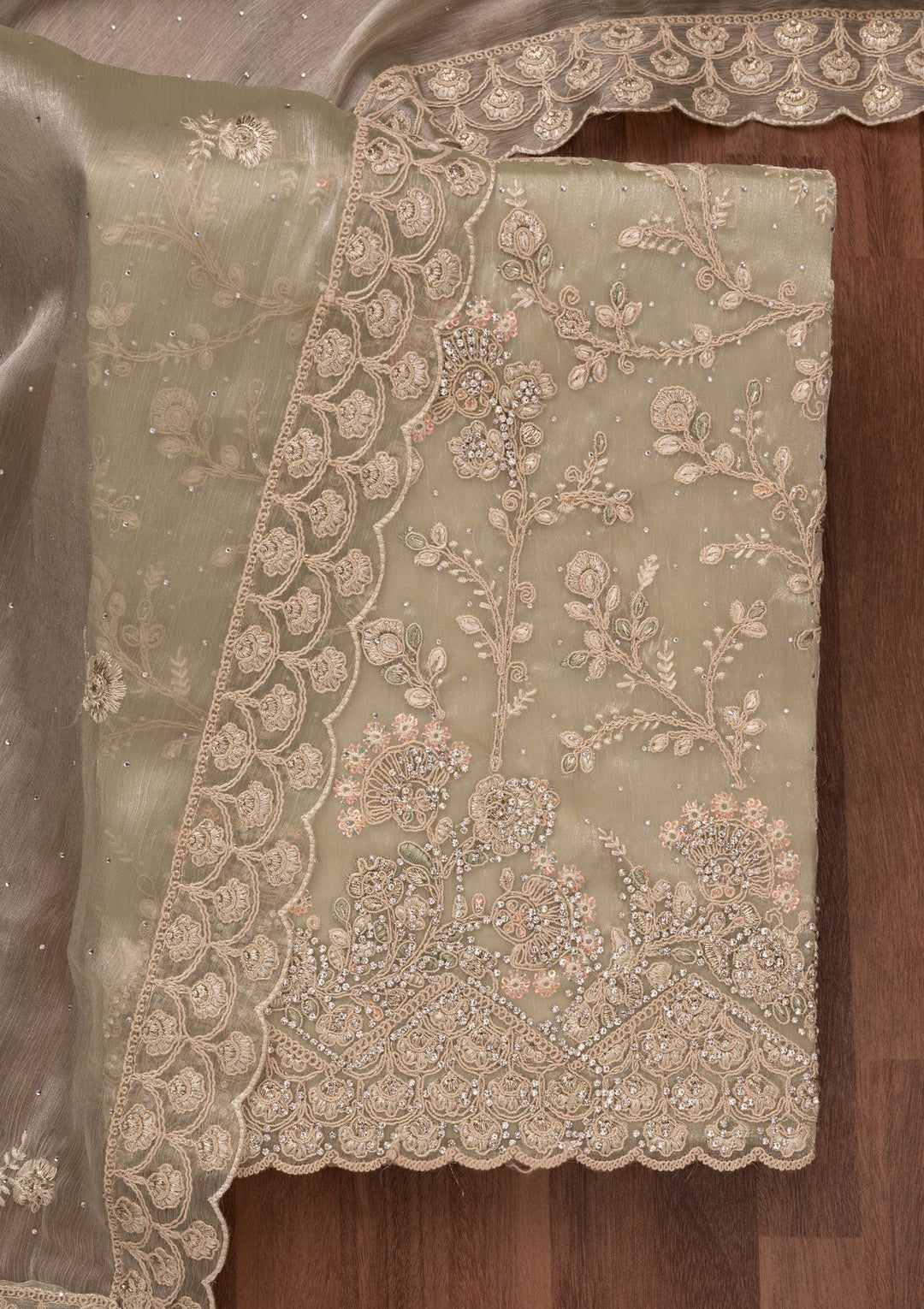 Pista Green Zariwork Semi Crepe Unstitched Salwar Suit-Koskii