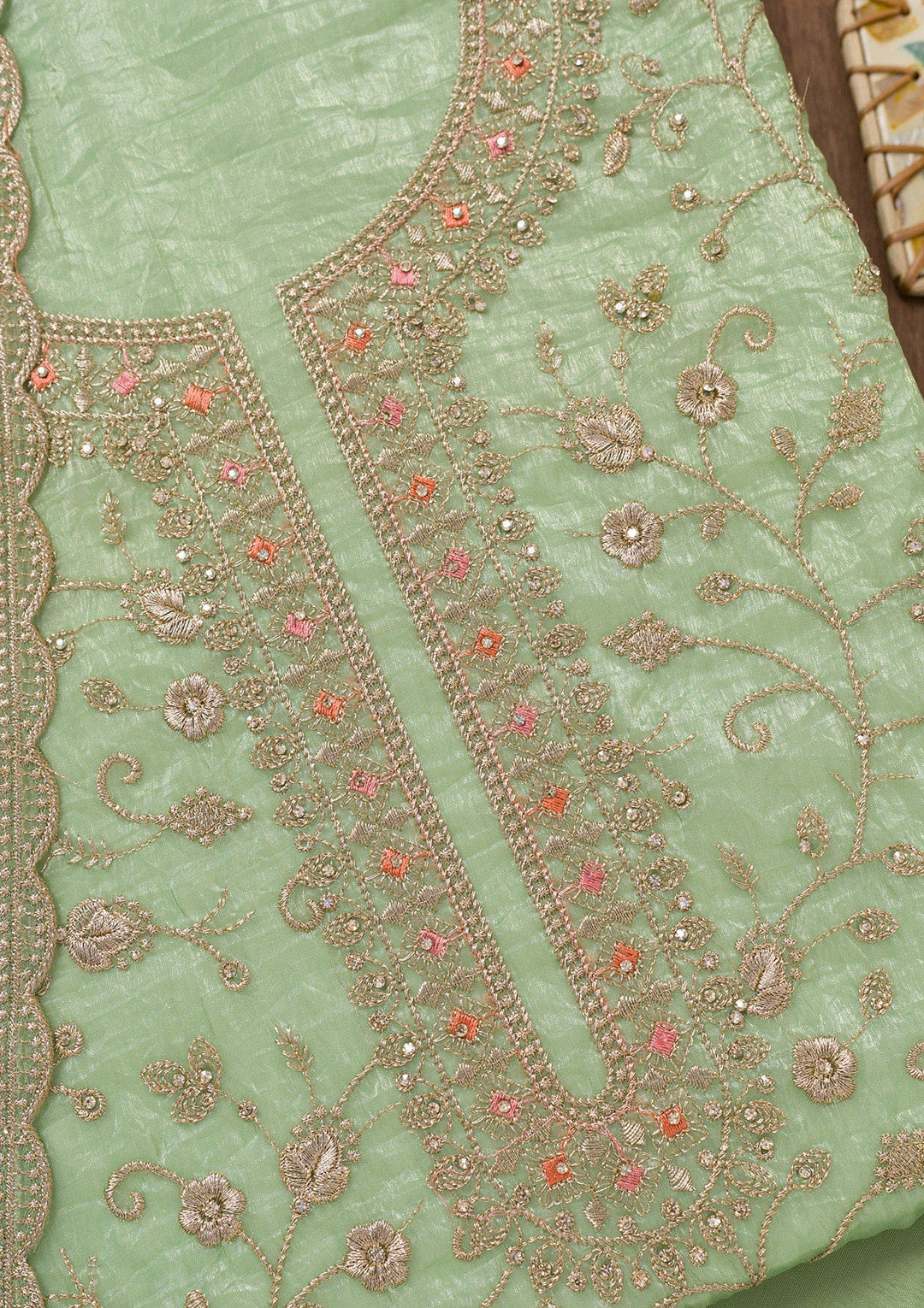 Pista Green Zariwork Tissue Unstitched Salwar Suit-Koskii
