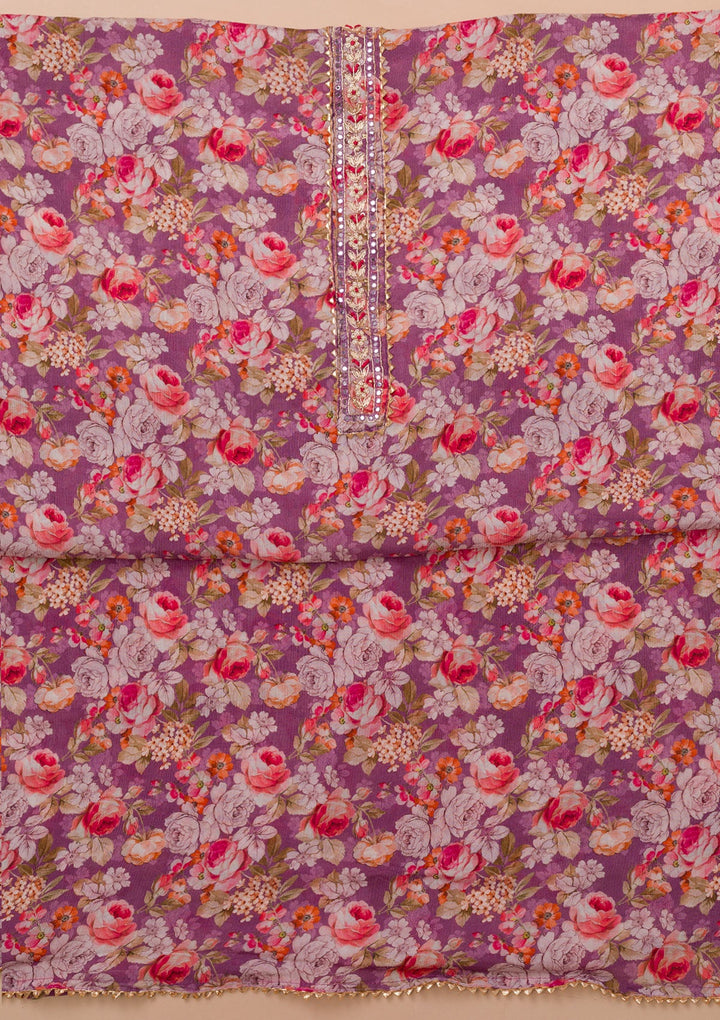 Purple Printed Georgette Unstitched Salwar Suit-Koskii