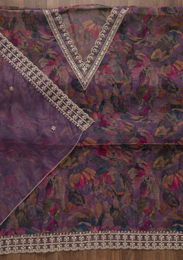 Purple Printed Tissue Unstitched Salwar Suit-Koskii