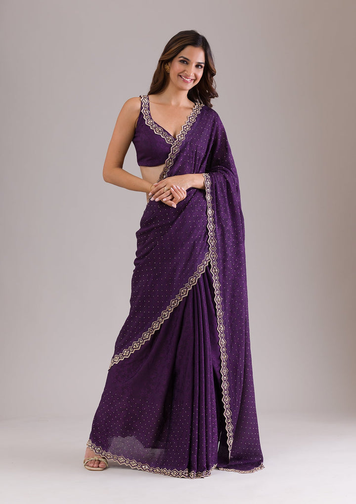 Purple Stonework Semi Crepe Saree-Koskii