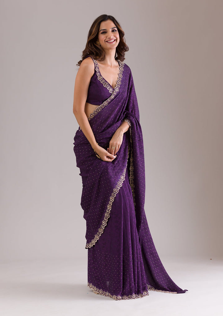 Purple Stonework Semi Crepe Saree-Koskii