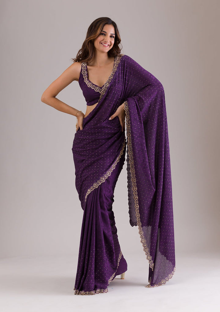 Purple Stonework Semi Crepe Saree-Koskii