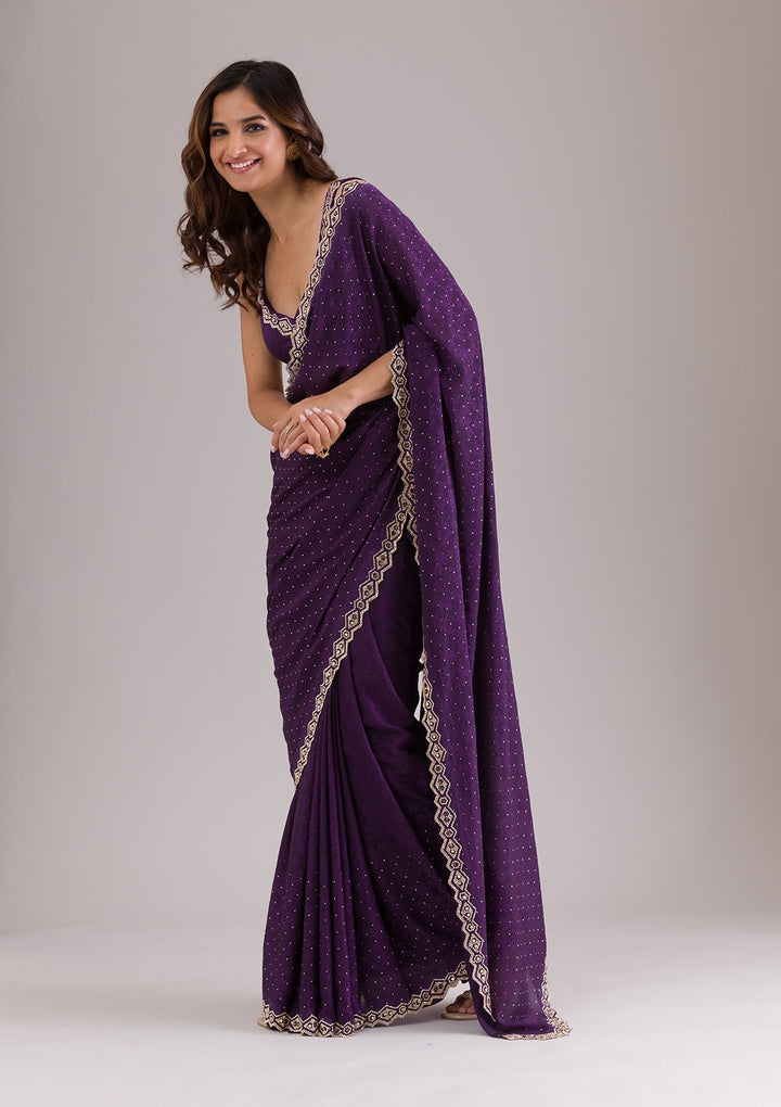 Purple Stonework Semi Crepe Saree-Koskii
