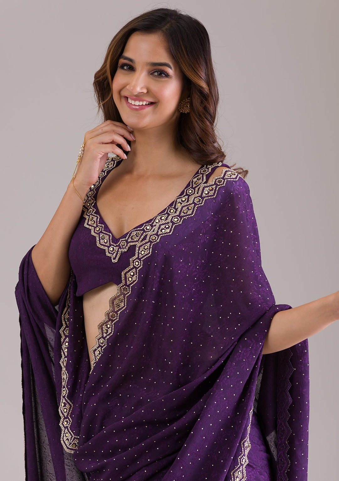 Purple Stonework Semi Crepe Saree-Koskii