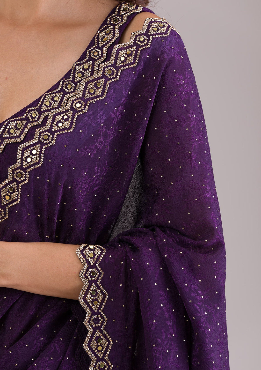 Purple Stonework Semi Crepe Saree-Koskii