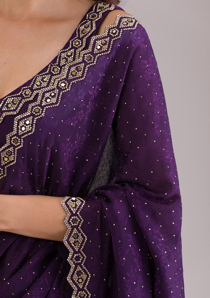 Purple Stonework Semi Crepe Saree-Koskii