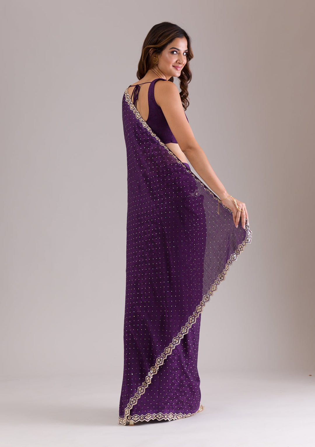 Purple Stonework Semi Crepe Saree-Koskii