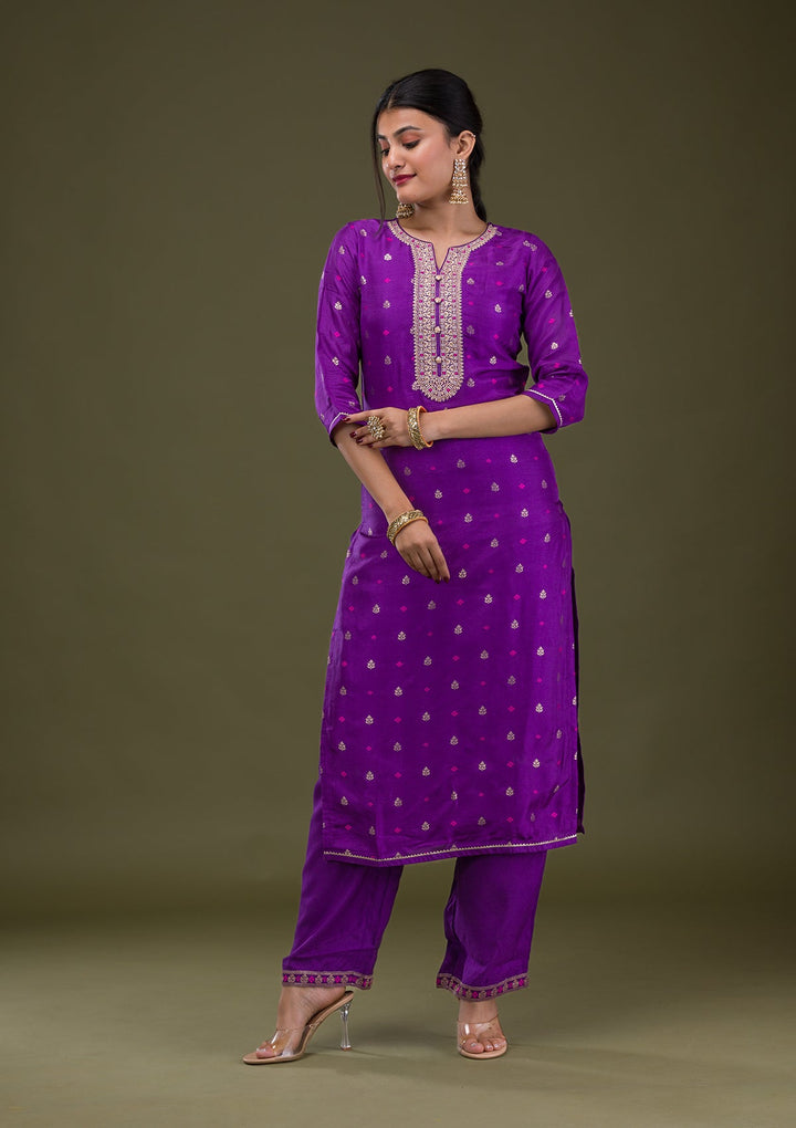 Purple Zariwork Crepe Readymade Salwar Suit-Koskii
