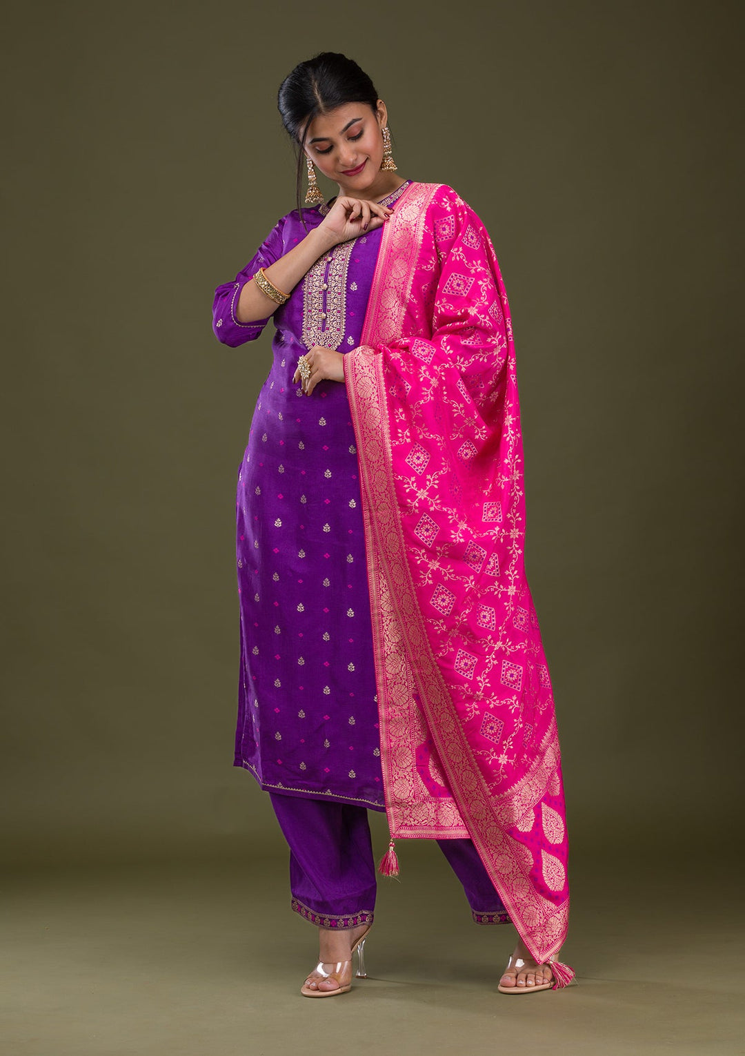 Purple Zariwork Crepe Readymade Salwar Suit-Koskii