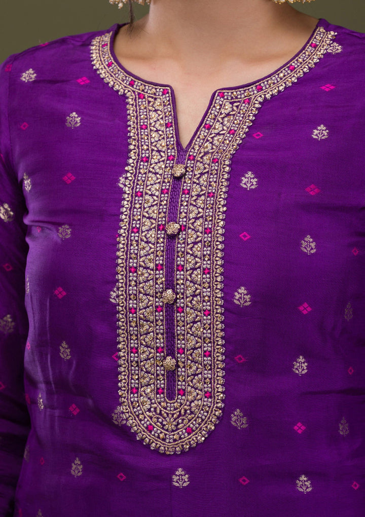 Purple Zariwork Crepe Readymade Salwar Suit-Koskii
