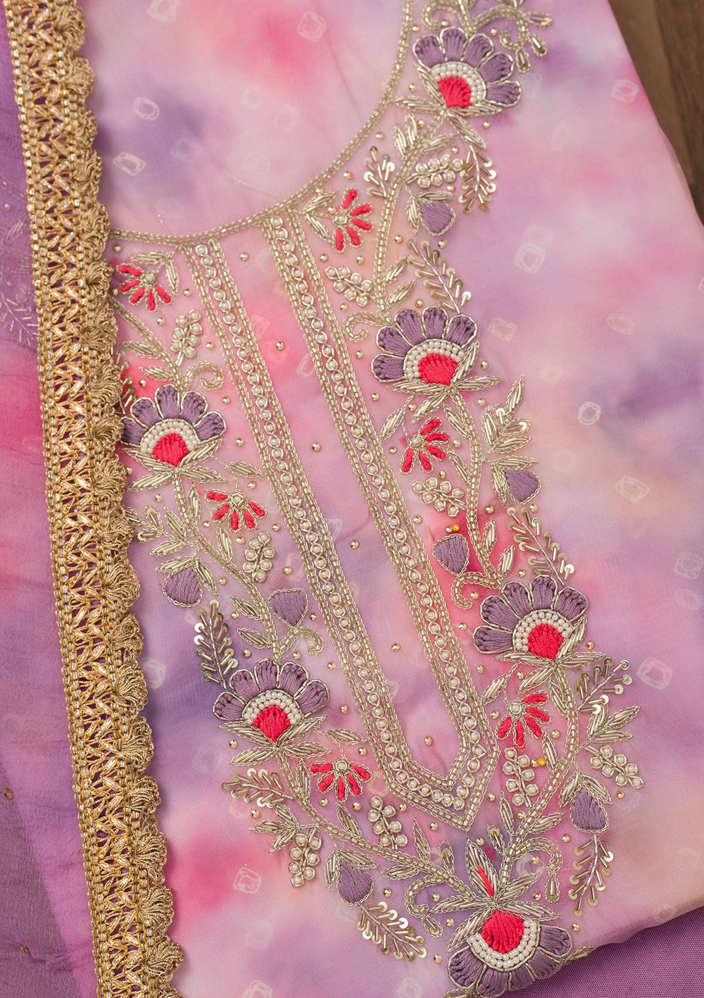 Purple Zariwork Organza Unstitched Salwar Suit-Koskii