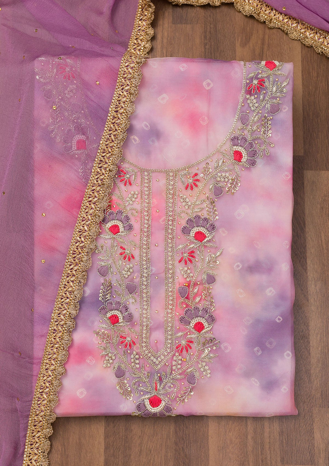 Purple Zariwork Organza Unstitched Salwar Suit-Koskii