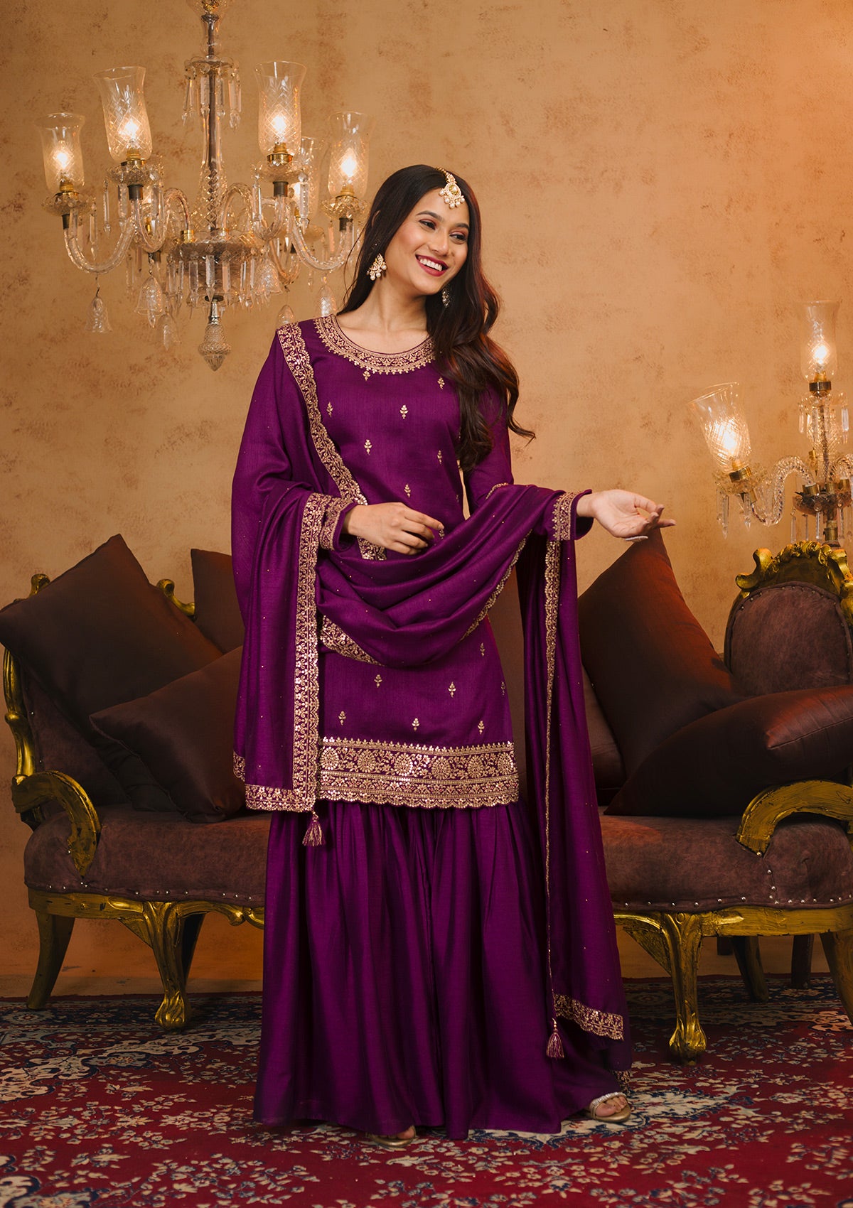Purple Zariwork Raw Silk Readymade Salwar Kameez