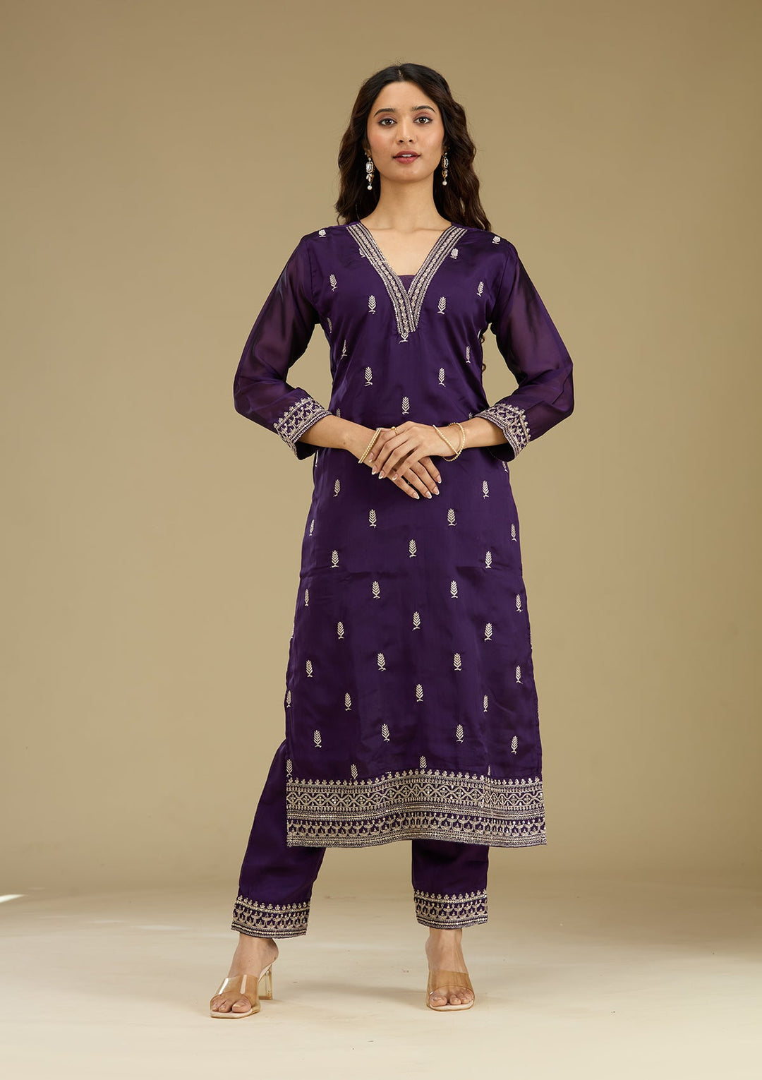 Purple Zariwork Semi Crepe Readymade Salwar Suit-Koskii
