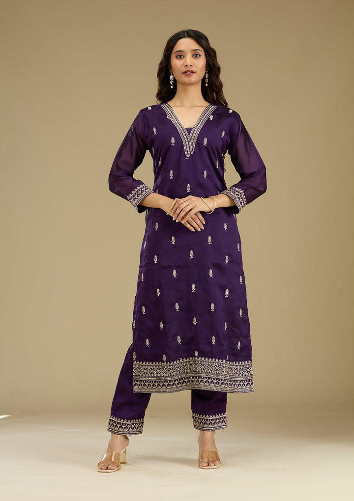 Purple Zariwork Semi Crepe Readymade Salwar Suit-Koskii